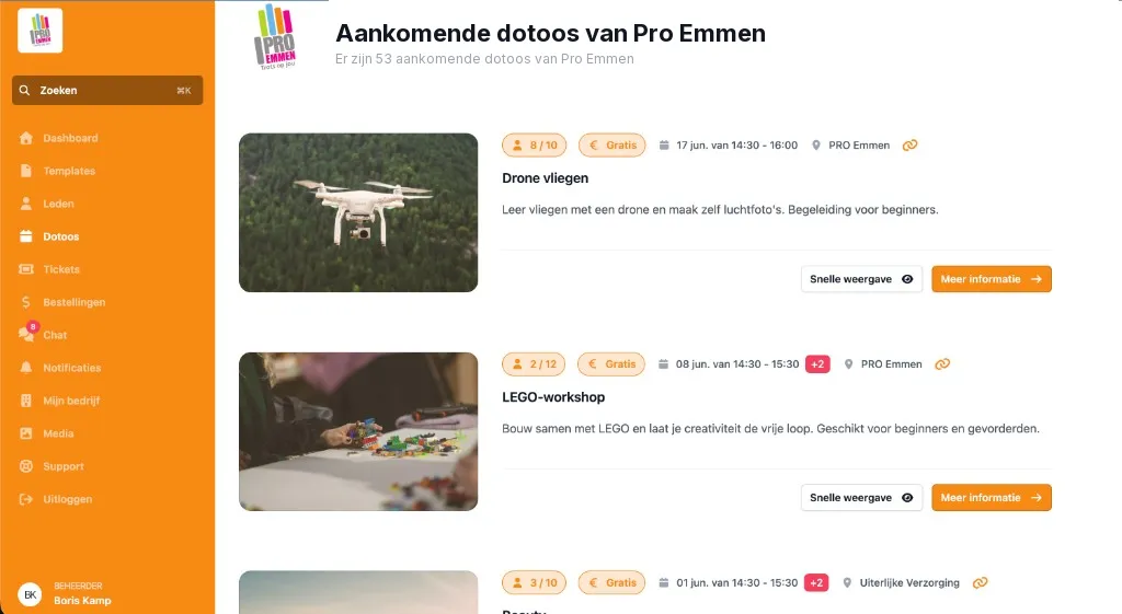 Screenshot van aankomende dotoos-lijst voor Pro Emmen (naschoolse activiteiten: drone, LEGO)