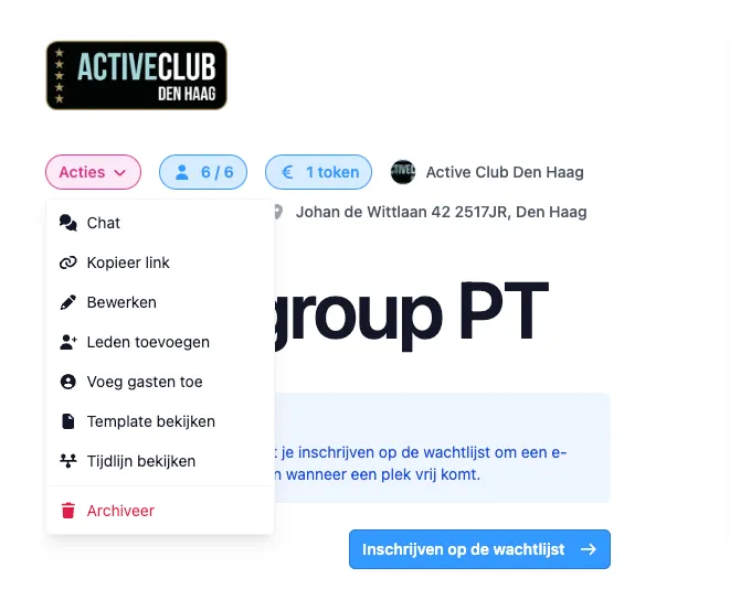 Screenshot van het DoToo actiesmenu voor beheerders met opties zoals bewerken, leden toevoegen en archiveren