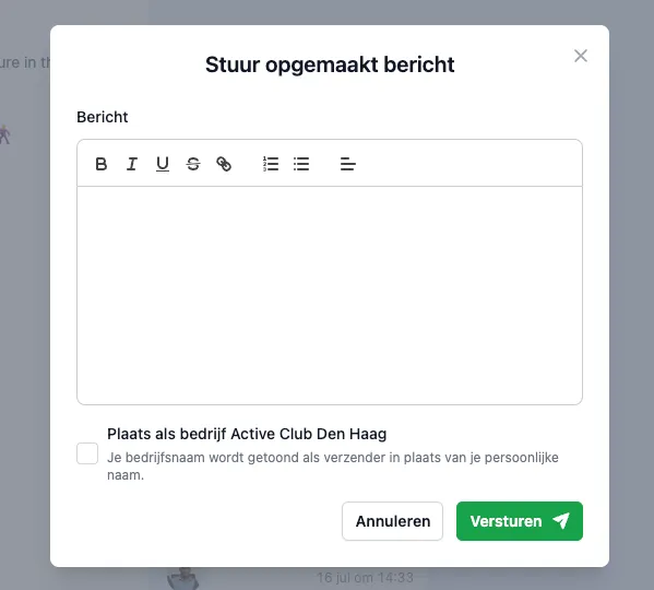 Screenshot van het DoToo dialoogvenster om een opgemaakt chatbericht te versturen, optioneel als bedrijf