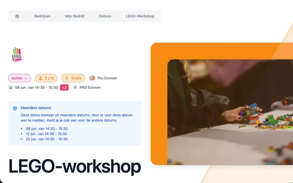 Screenshot van een DoToo detailpagina met meerdere datums voor een LEGO-workshop bij Pro Emmen (met cover image)