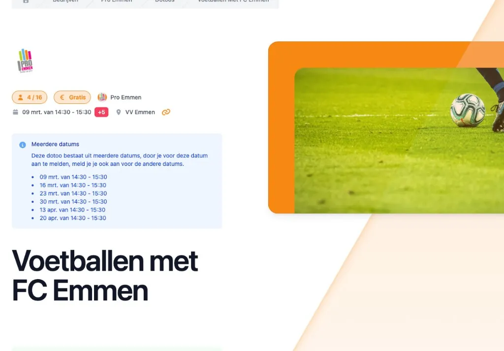 Screenshot van een DoToo multi-date detailpagina voor Voetballen met FC Emmen bij Pro Emmen