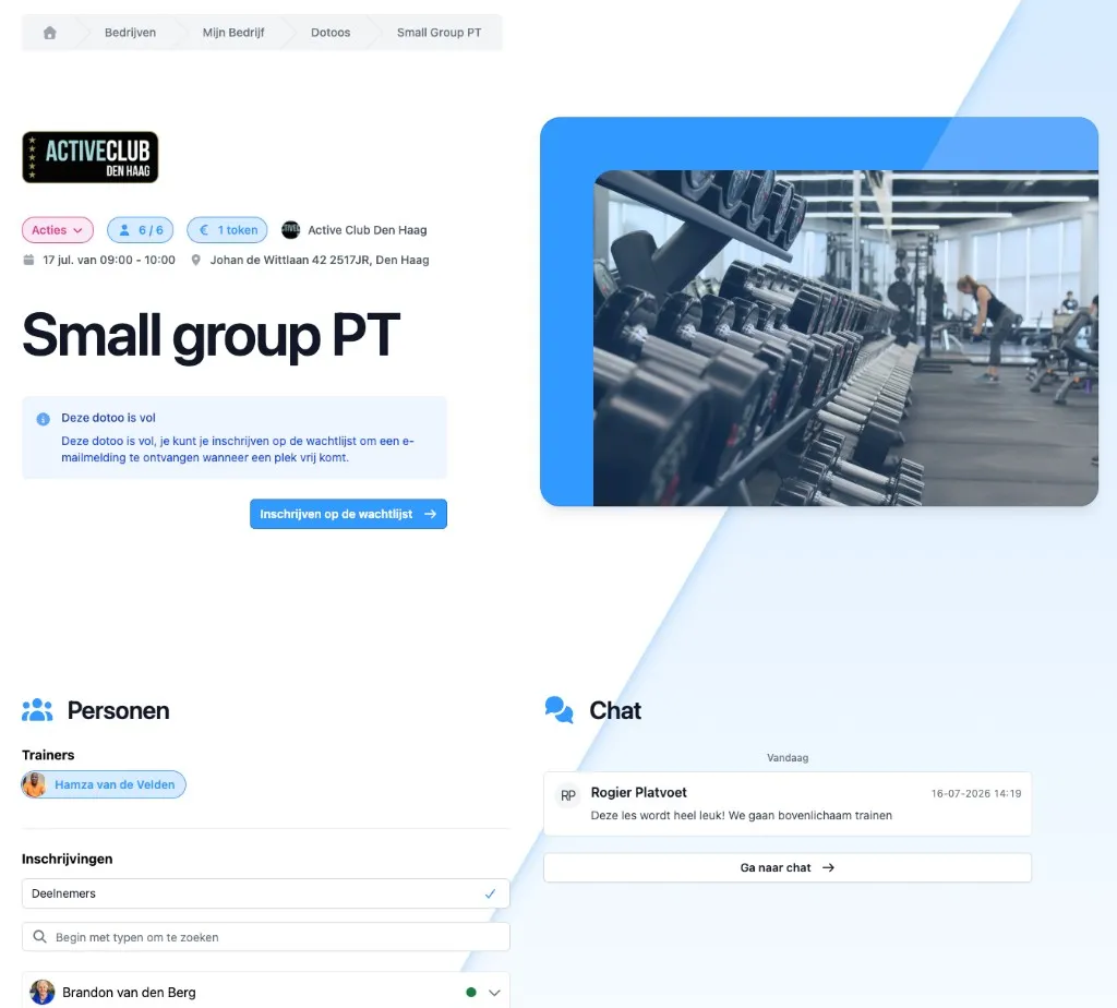 Screenshot van de volledige DoToo detailpagina met wachtlijst, deelnemers, trainer en chat