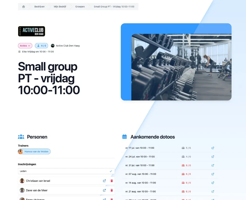 Screenshot van de DoToo groepdetailpagina met trainers, leden en aankomende dotoos