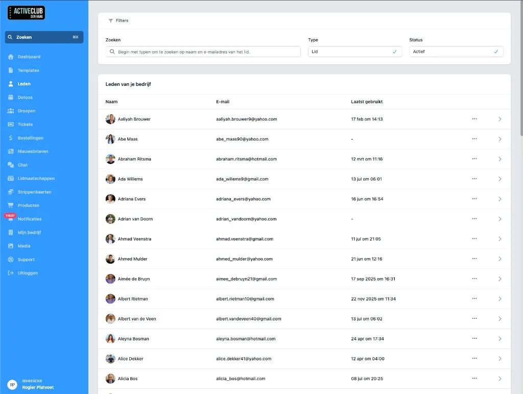 Screenshot van het DoToo ledenoverzicht met filters op type en status