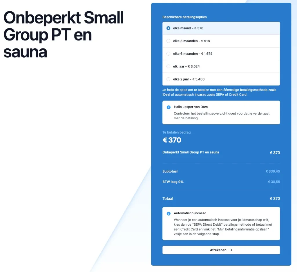Screenshot van het DoToo afrekenscherm voor een lidmaatschap met betalingsopties en automatisch incasso