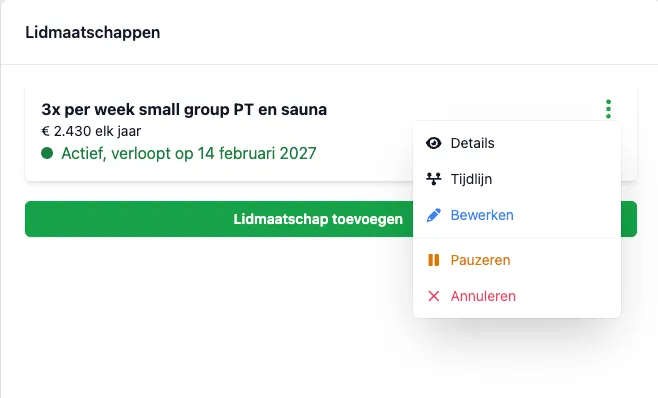 Screenshot van het DoToo actiemenu bij een lidmaatschap met details, tijdlijn, bewerken, pauzeren en annuleren