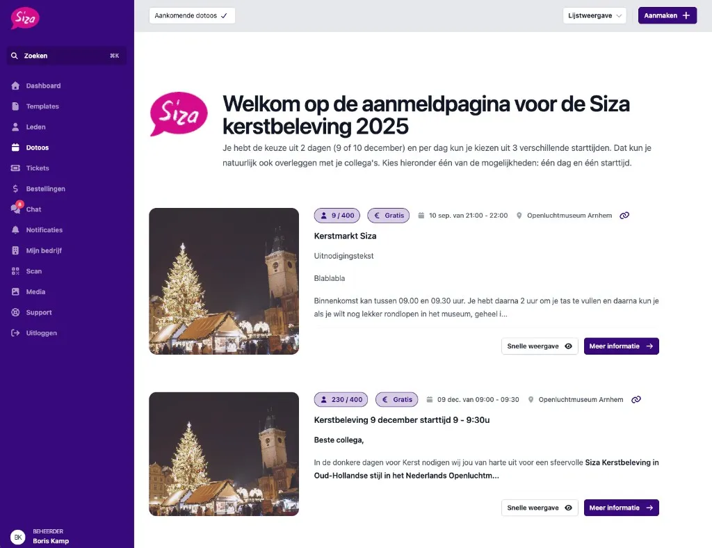 Aanmeldpagina Siza kerstbeleving 2025 met keuze uit dagen en starttijden