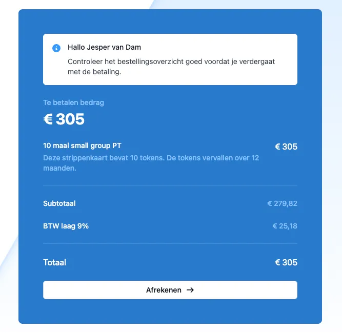 Screenshot van het DoToo afrekenscherm voor een strippenkaart met subtotaal en BTW