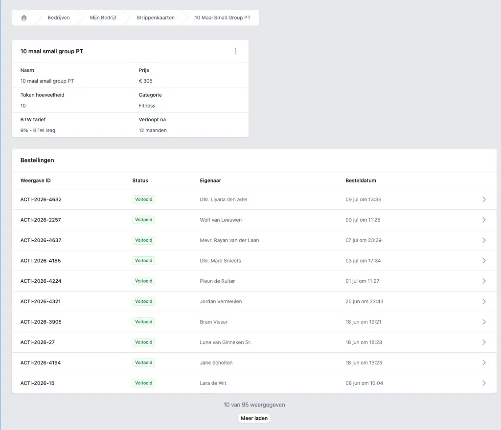 Screenshot van de DoToo strippenkaart-detailpagina met prijs, tokens en bestellingen