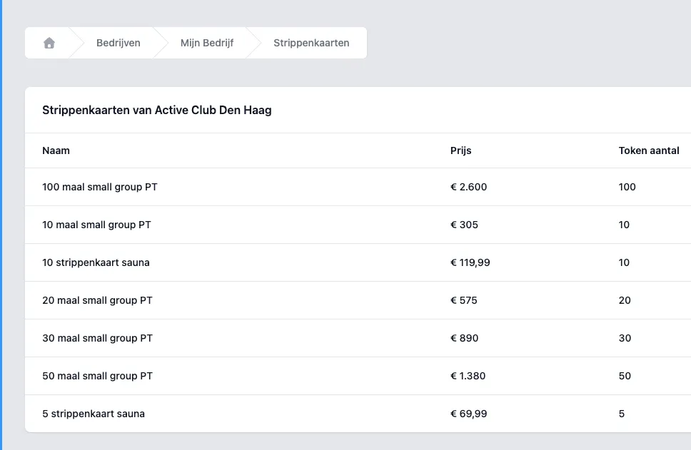 Screenshot van het DoToo strippenkaartenoverzicht met namen, prijzen en tokenaantallen