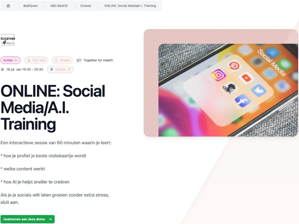 Detailpagina van de online workshop Social Media/A.I. Training in DoToo